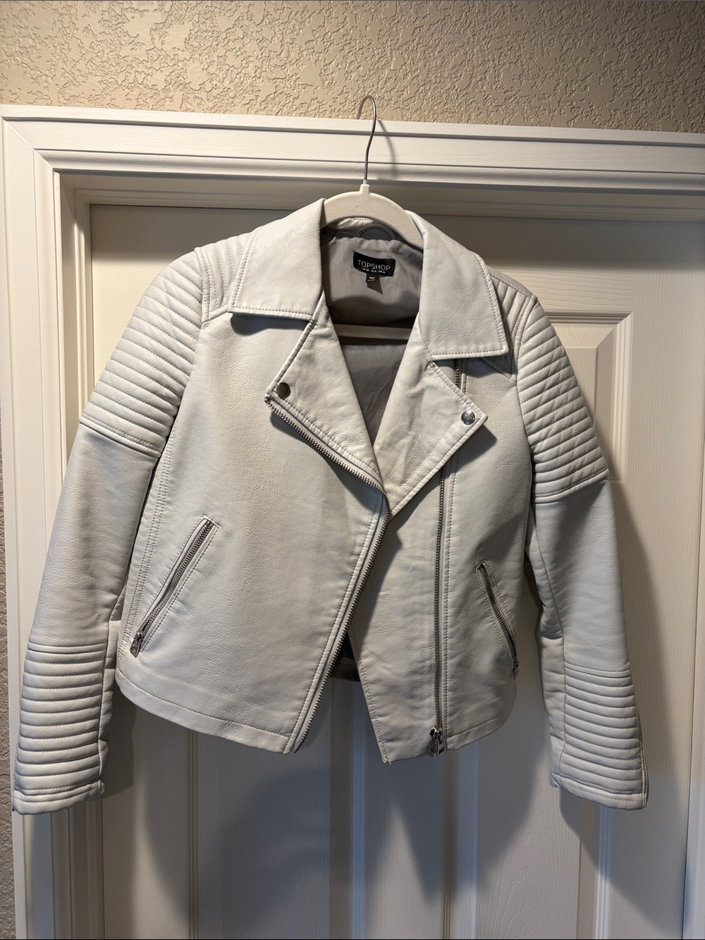 Topshop Off-White Quilted Sleeve Moto Jacket